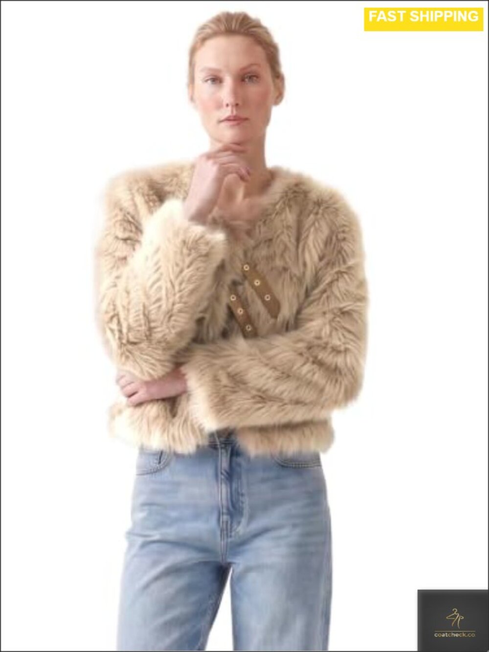 Faux Fur Open Front Cropped Coat Round Neck Long Sleeve